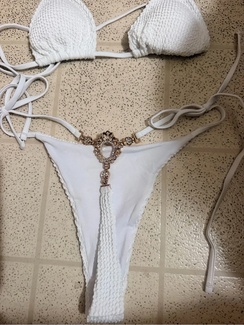 White Two-Piece String Bikini with Jeweled back Accent